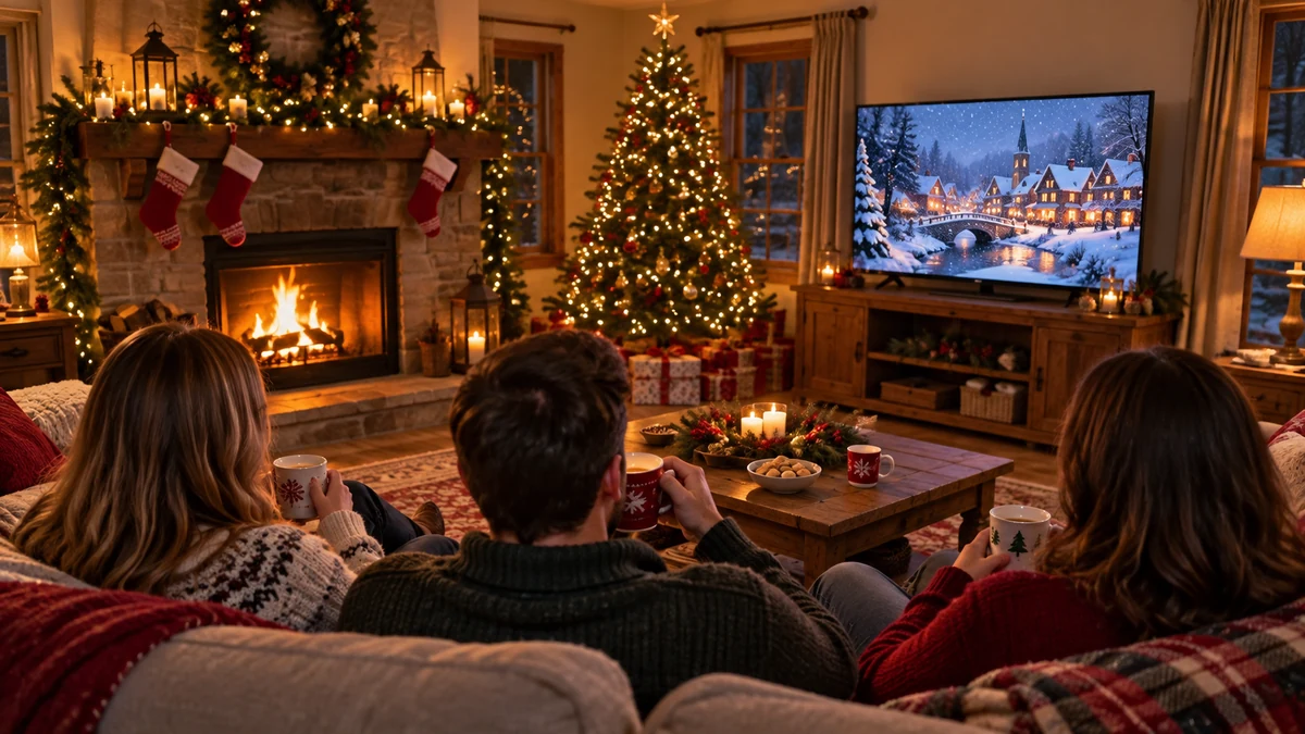 Three adults viewed from behind watching a snowy village on television