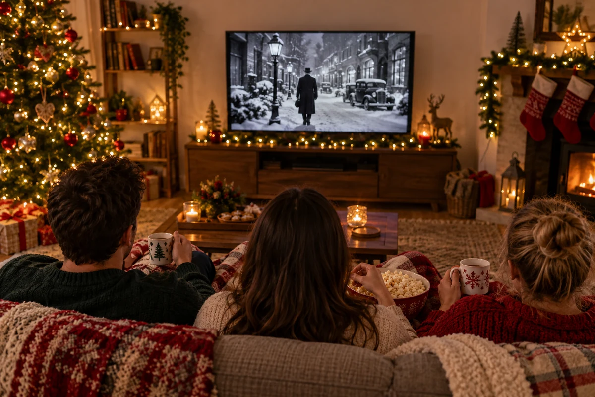 Three adults watching a black-and-white film in a festive room