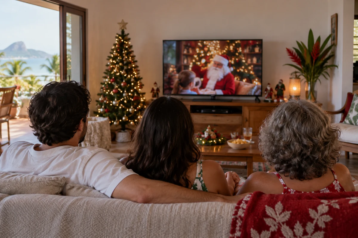 Three adults watching a festive scene in a Brazilian sitting room