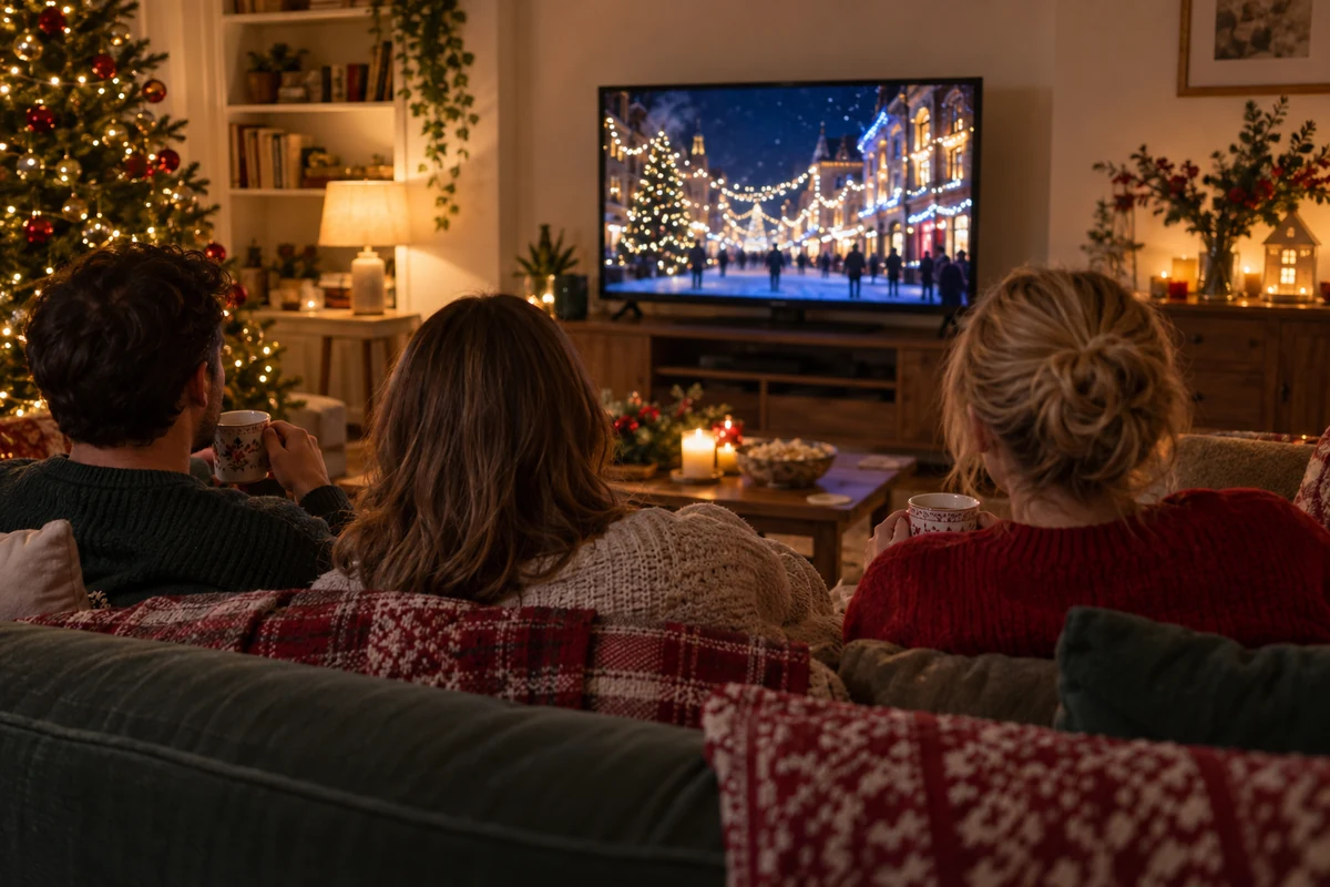 Three adults watching a festive television scene Three adults watching a festive television scene