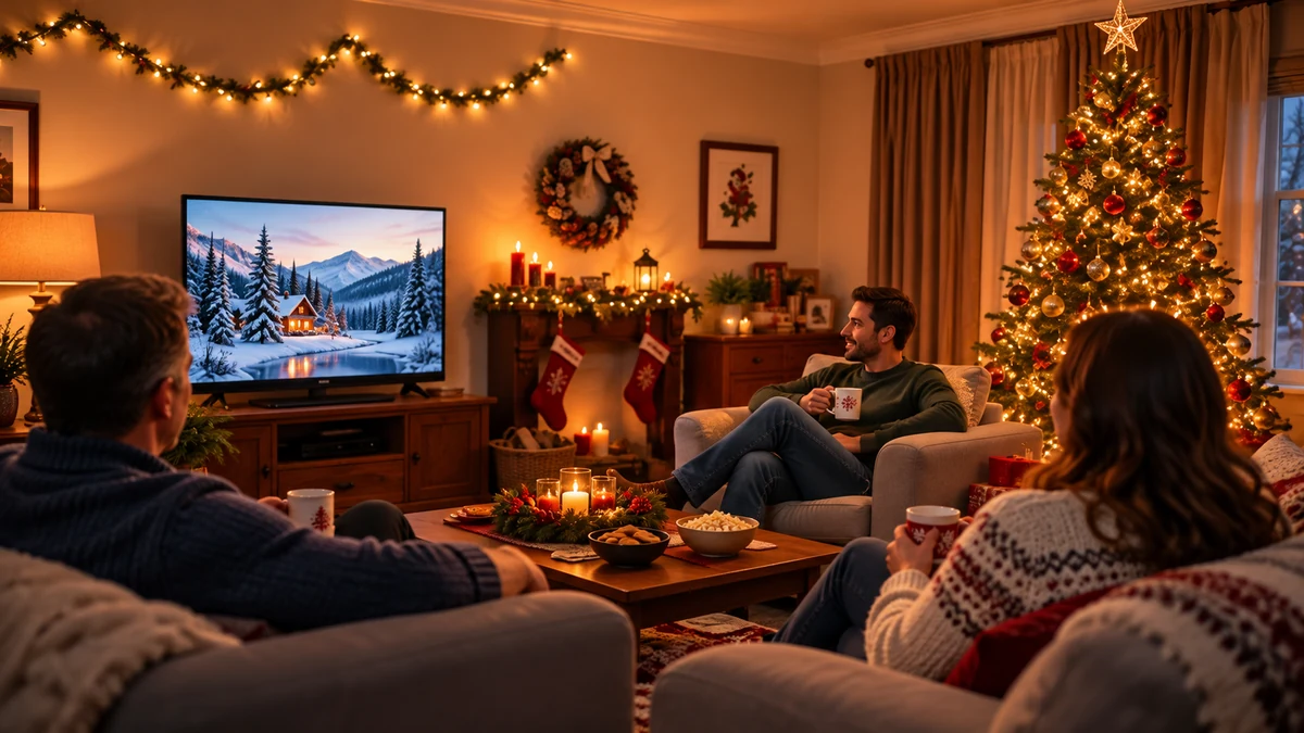 Three adults watching one television in a Christmas room Three adults watching one television in a Christmas room
