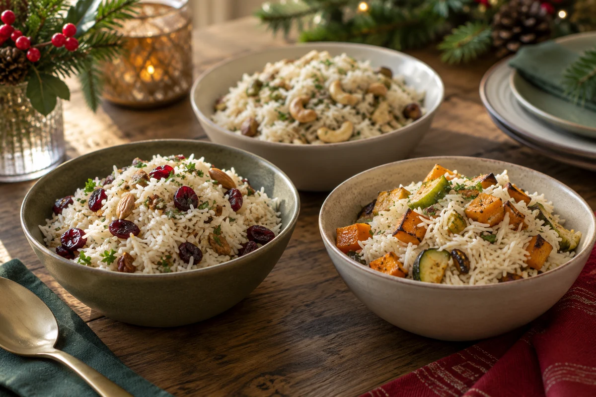 Three bowls of festive rice with nuts, cranberries and roasted vegetables Three bowls of festive rice with nuts, cranberries and roasted vegetables