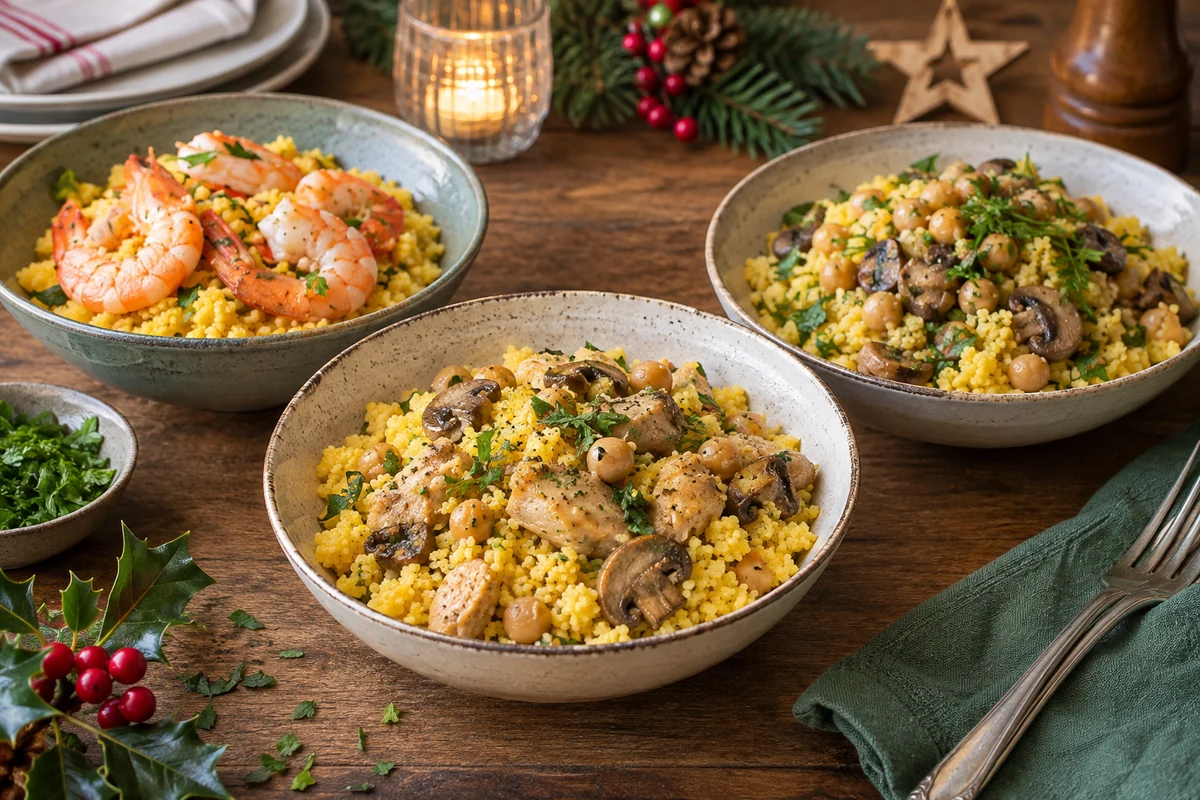 Three bowls of yellow steamed maize cuscuz with chicken, mushrooms and chickpeas, and prawns respectively Three bowls of yellow steamed maize cuscuz with chicken, mushrooms and chickpeas, and prawns respectively
