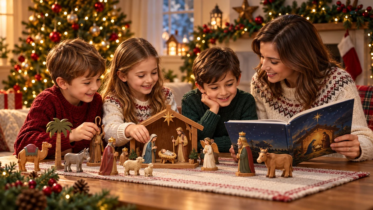 Three children and an adult arranging nativity figures with a picture book