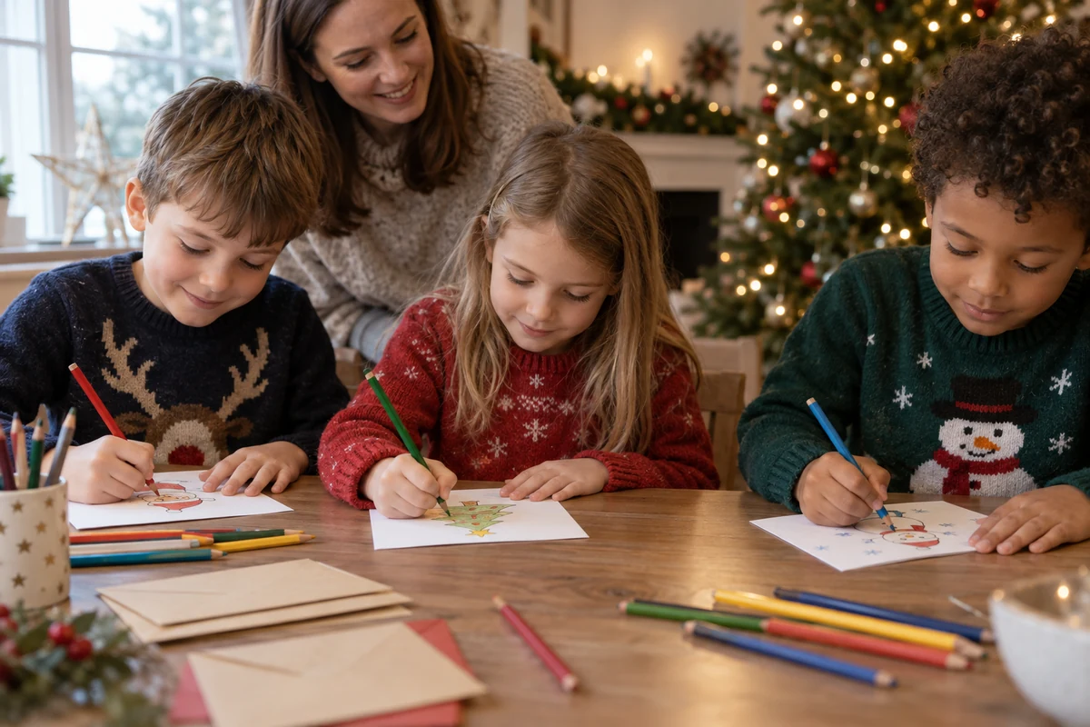 Three children drawing Christmas pictures with adult supervision