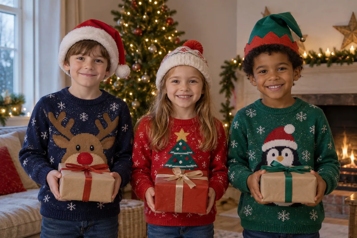 Three children in festive jumpers and hats