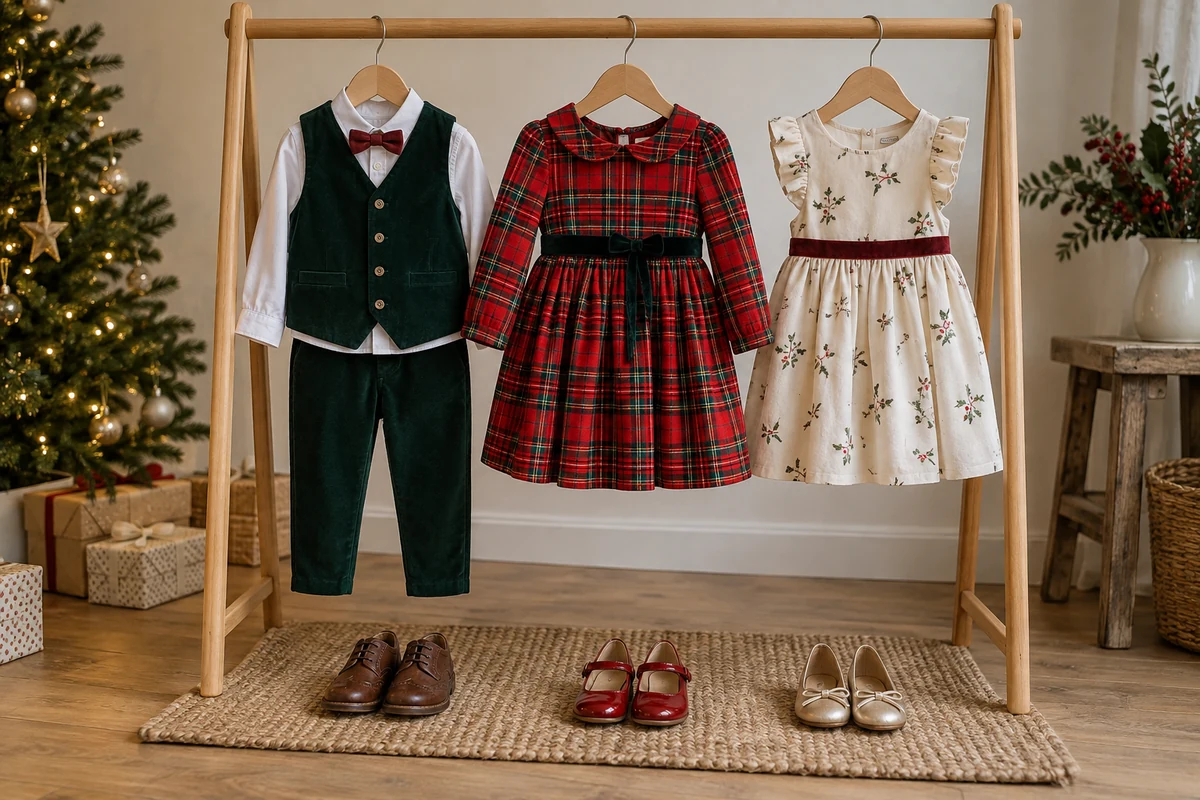 Three children’s outfits hanging on a clothes rail