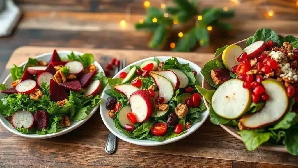 Three festive salad variations on plates Three festive salad variations on plates