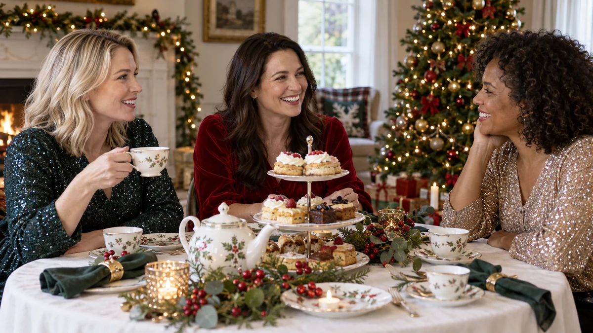 Three friends enjoying Christmas afternoon tea