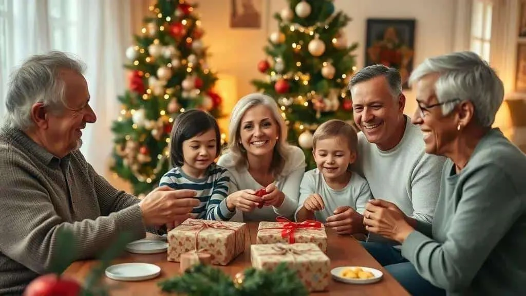 Three generations exchanging small Christmas presents