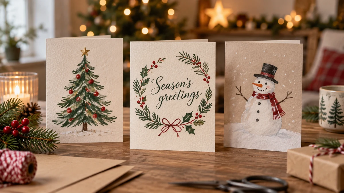 Three handmade Christmas cards with seasonal greetings