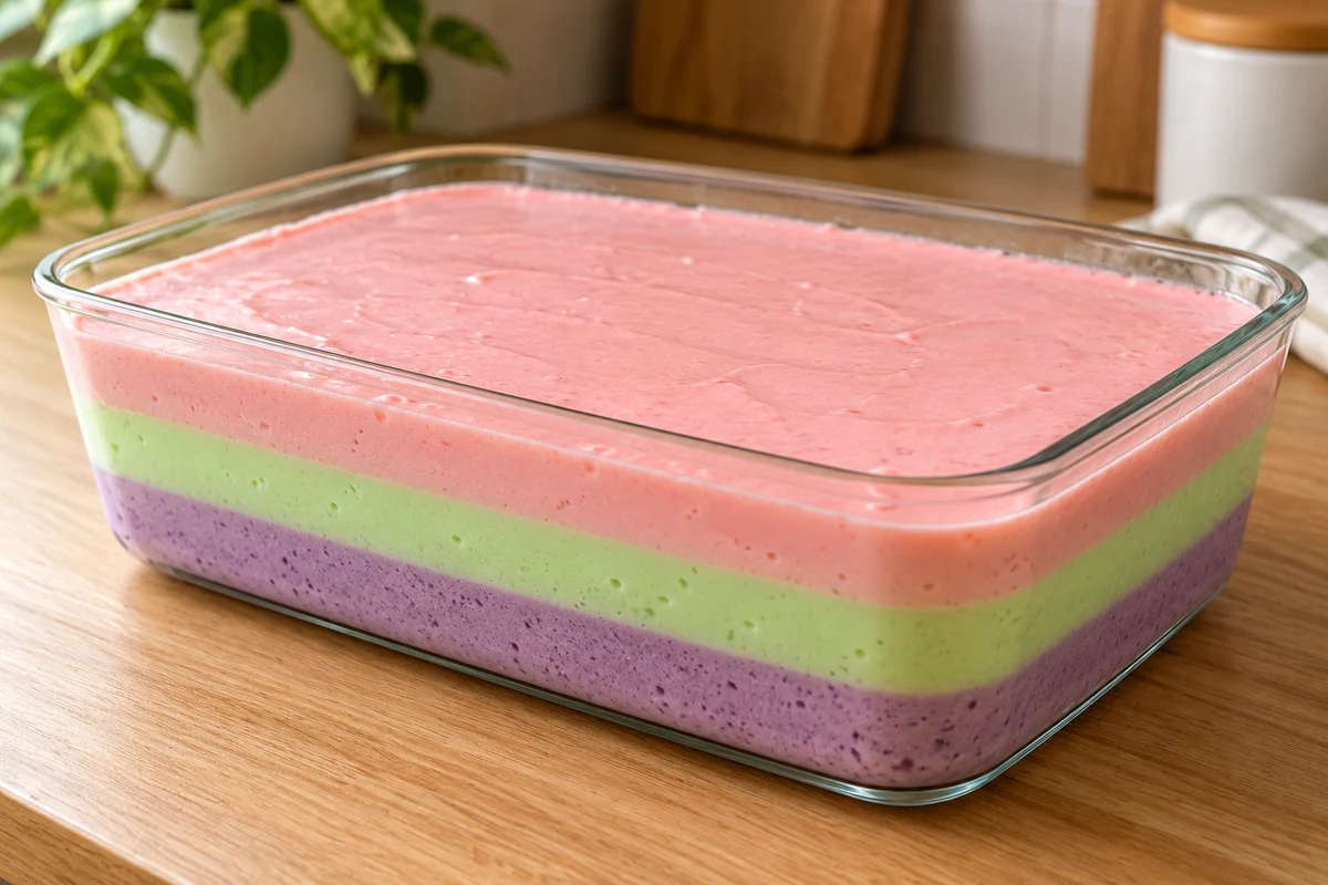 Creamy dessert with three layers of grape, lime and strawberry jelly