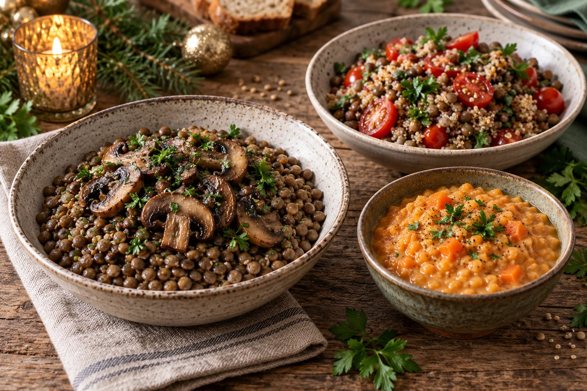 Three lentil dish variations with vegetables and different textures