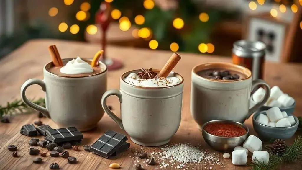 Three mugs of hot chocolate with winter spice garnishes Three mugs of hot chocolate with winter spice garnishes