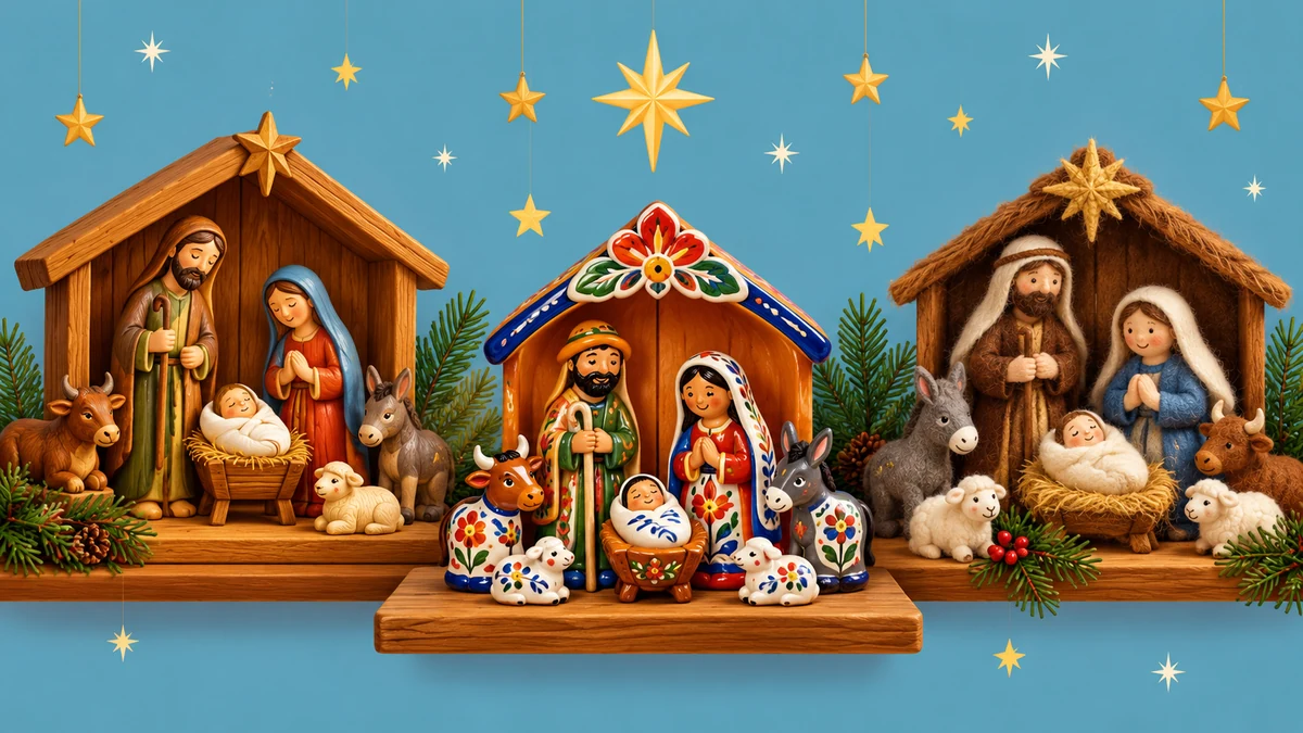 Three Nativity displays made with wood ceramic and wool