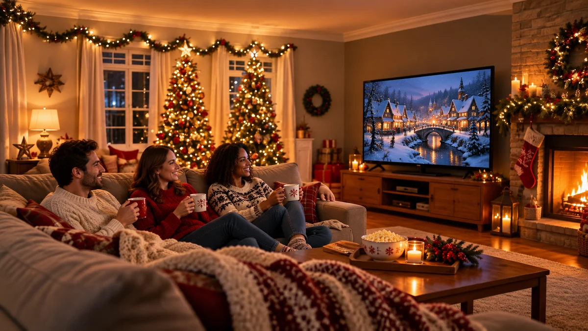 Three people watching a Christmas film together