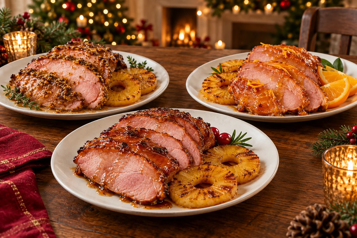 Three pineapple ham plates with different glazes