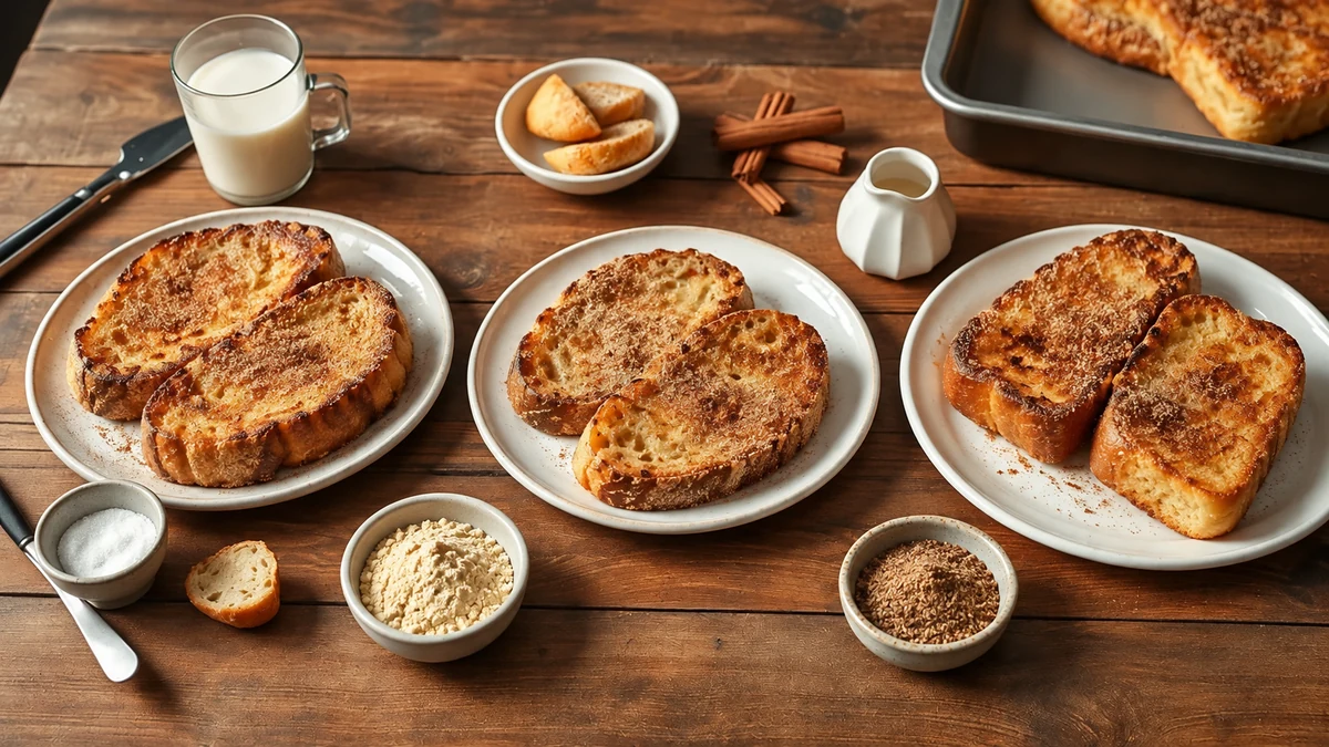 Three plates of rabanada beside plant drink, chickpea flour and linseed