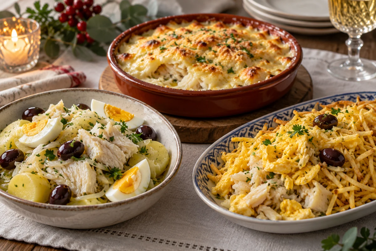 Three Portuguese style cod dishes served together Three Portuguese style cod dishes served together