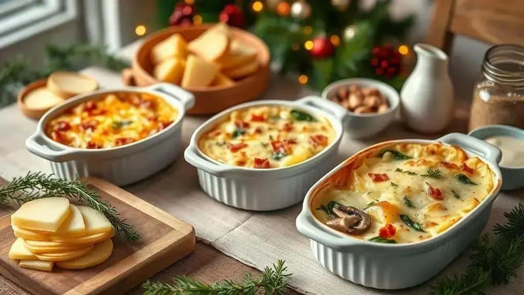 Three potato gratin variations in ceramic baking dishes