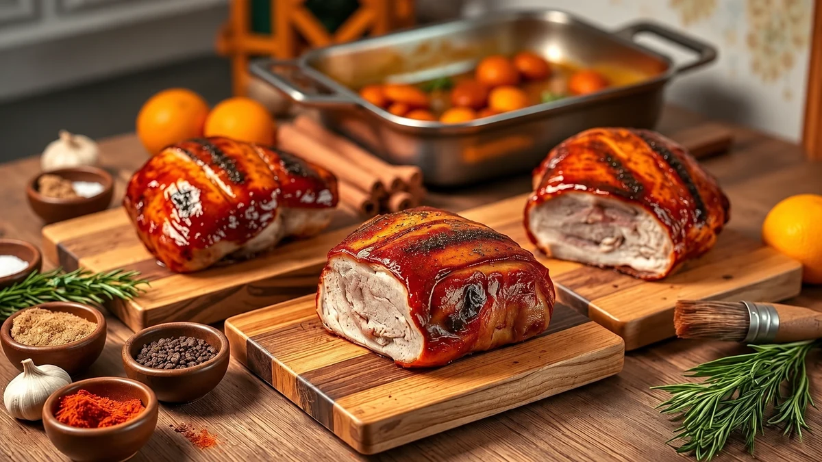 Three roasted pork joints with different seasonings Three roasted pork joints with different seasonings