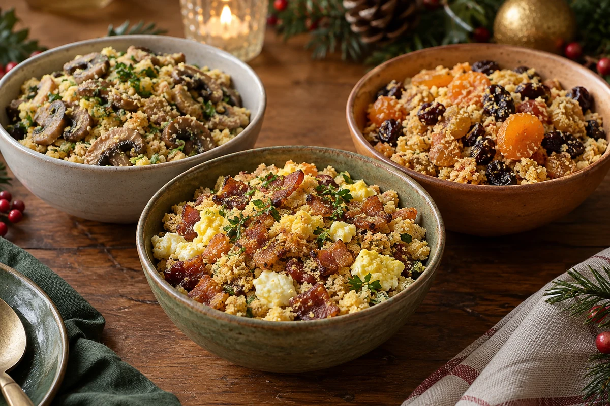 Three small bowls of Brazilian farofa with bacon and egg, mushrooms, and dried fruit respectively