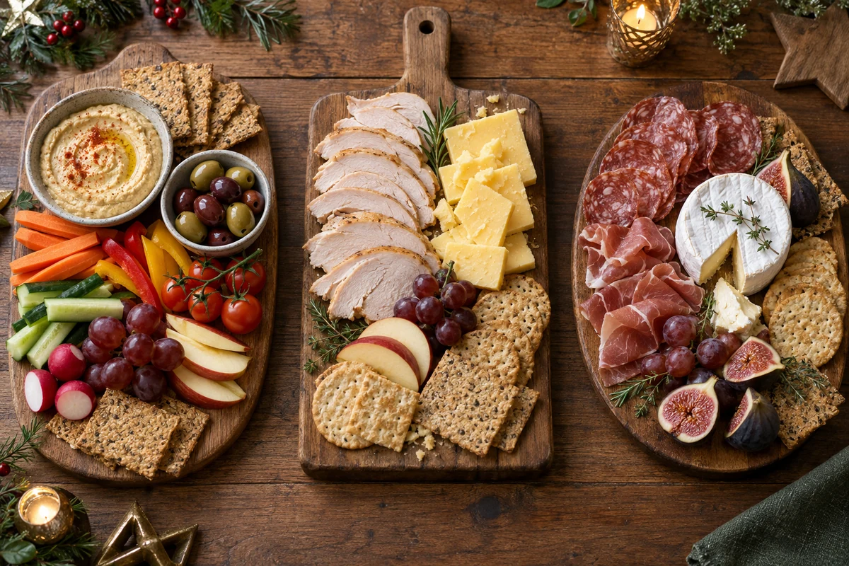 Three snack boards with plant based, turkey and charcuterie options Three snack boards with plant based, turkey and charcuterie options