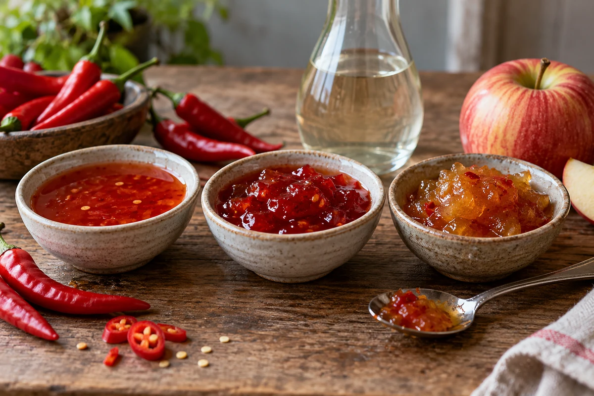 Three spoonable chilli jam textures in small bowls