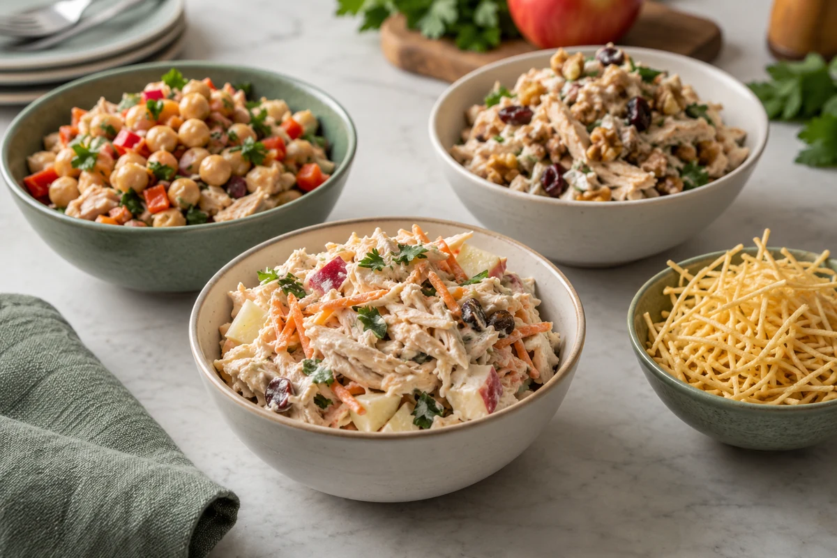 Three variations of Brazilian chicken and apple salad