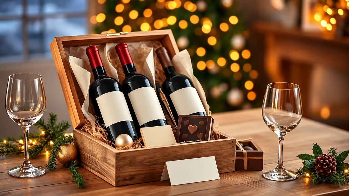 Three wine bottles in a wooden gift box with chocolates and blank cards
