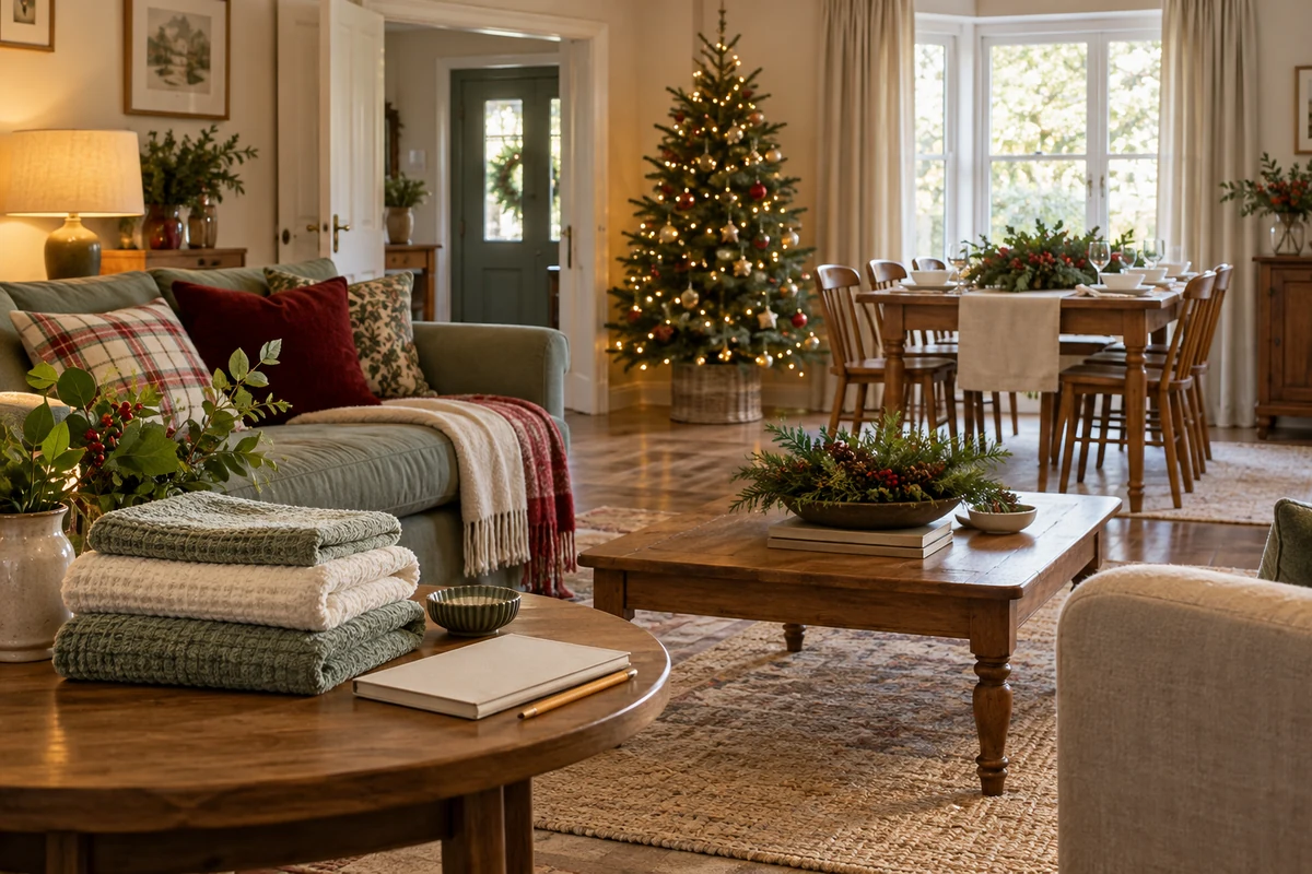 Tidy Christmas sitting room with folded towels and a prepared dining table