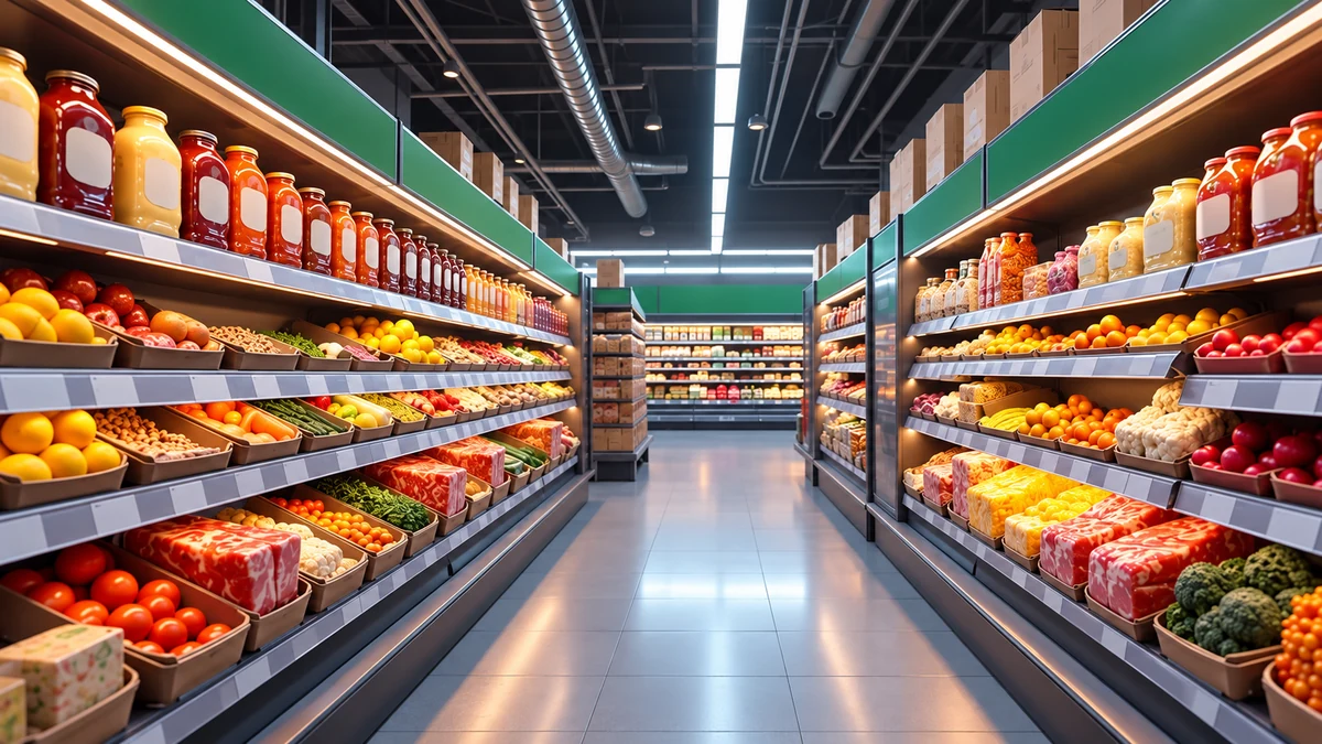 Tidy grocery aisle with food displays