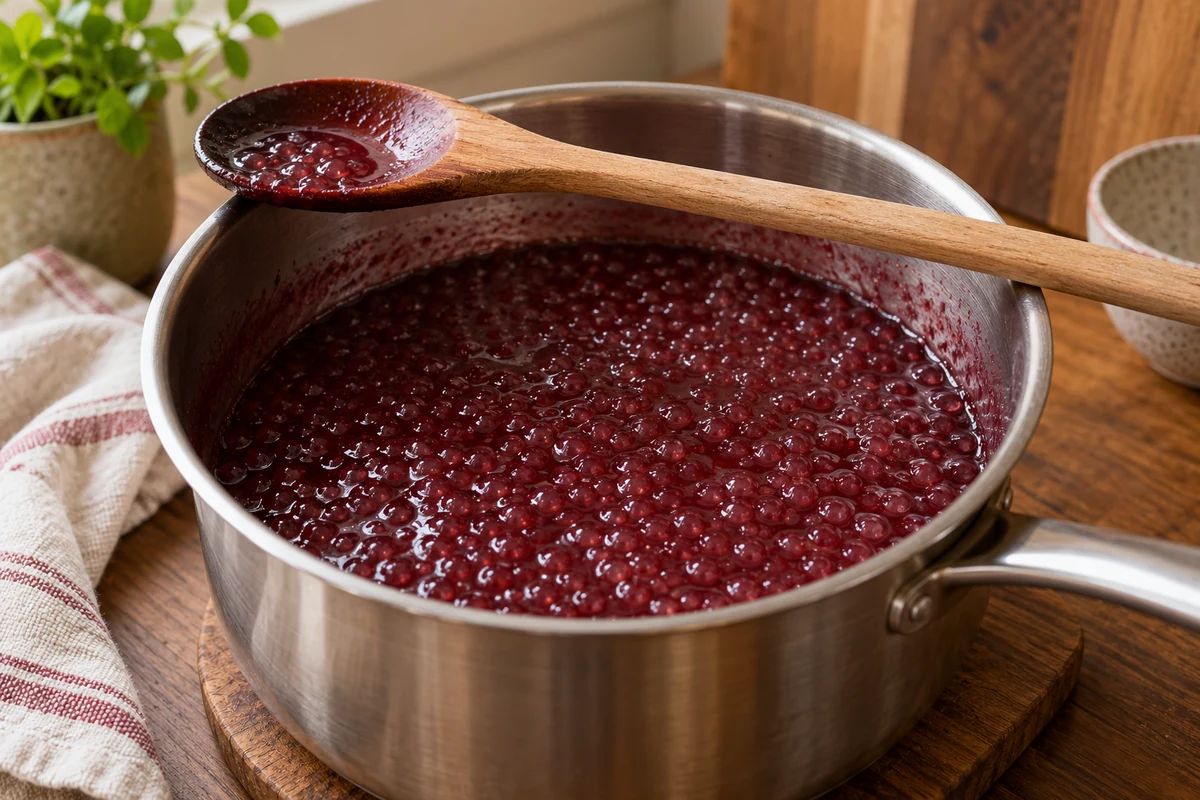 Tiny red wine tapioca pearls cooking in a saucepan