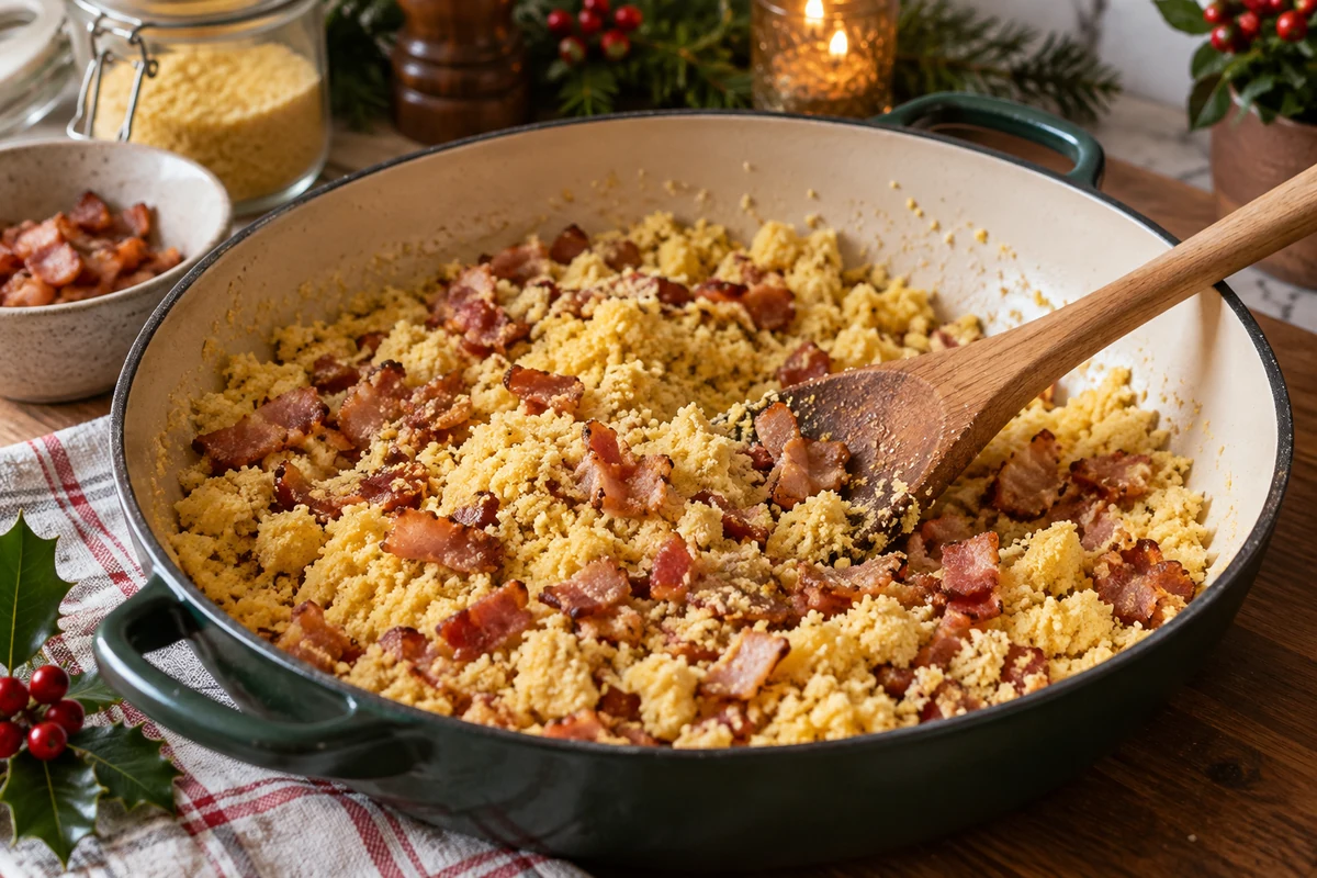 Toasted cassava flour and cooked bacon being combined in a wide pan with a single wooden spoon, no hands