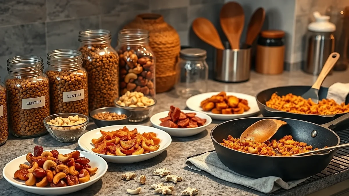 Toasted farofa in pans with labelled lentil jars and nuts