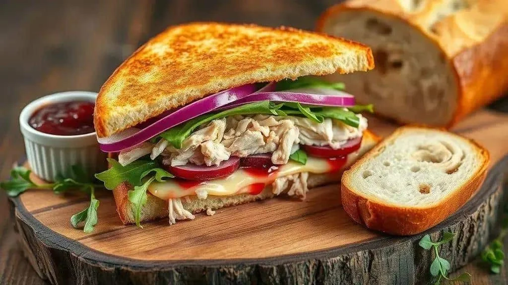 Toasted turkey sandwich with cheese onion and salad leaves Toasted turkey sandwich with cheese onion and salad leaves