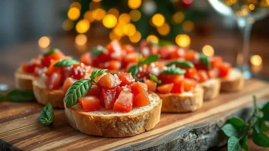 Tomato and basil bruschetta on a wooden board