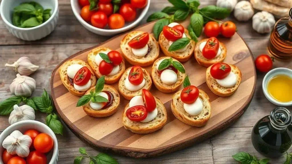 Tomato mozzarella and basil canapes on toasted bread