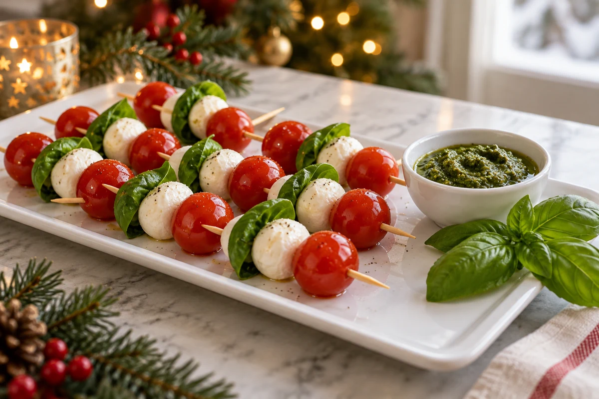 Tomato mozzarella and basil skewers with pesto