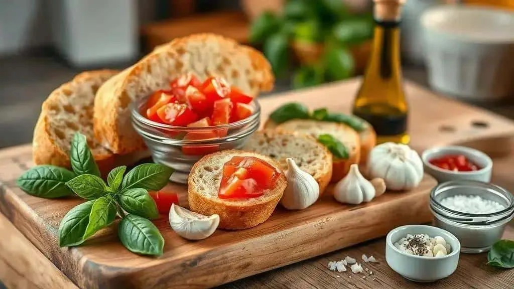 Tomatoes, basil and bread for Italian bruschetta