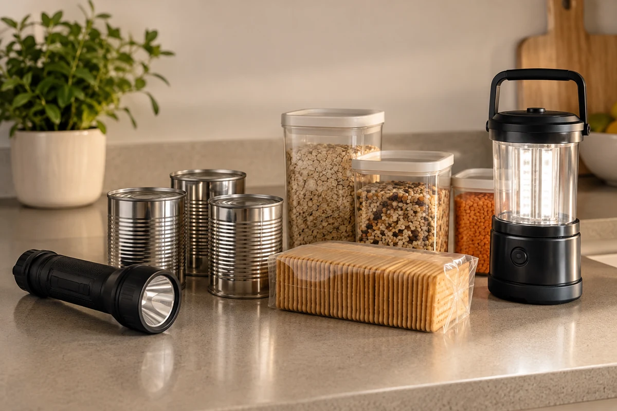 Torches and shelf-stable food for a household backup plan