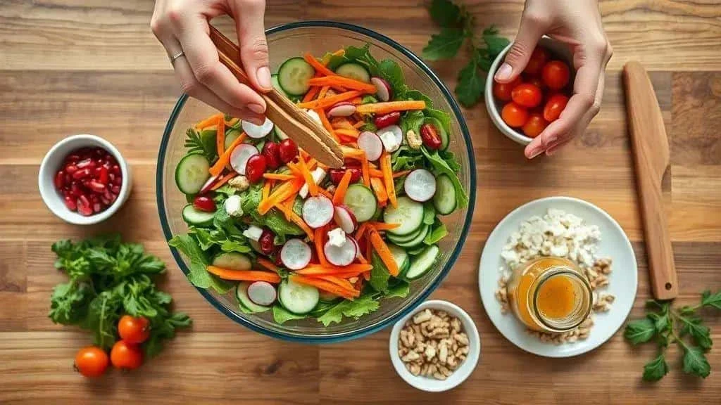 Tossing a crunchy Christmas vegetable salad Tossing a crunchy Christmas vegetable salad