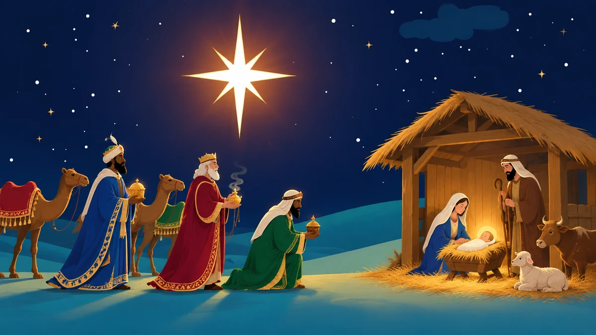 Traditional illustration of the Magi presenting gifts