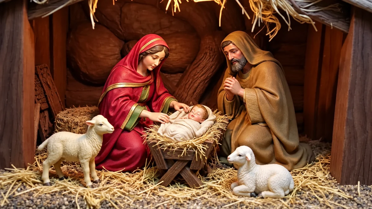 Traditional Nativity figurines with a swaddled baby in a manger