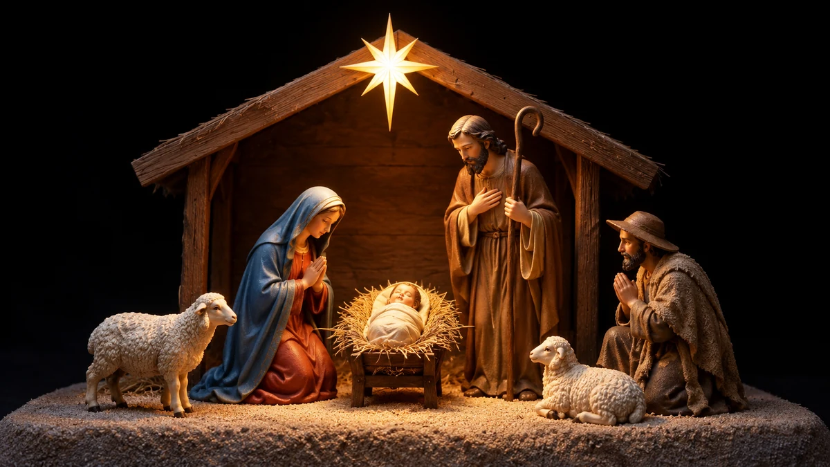 Traditional Nativity scene with Mary Joseph a shepherd and sheep