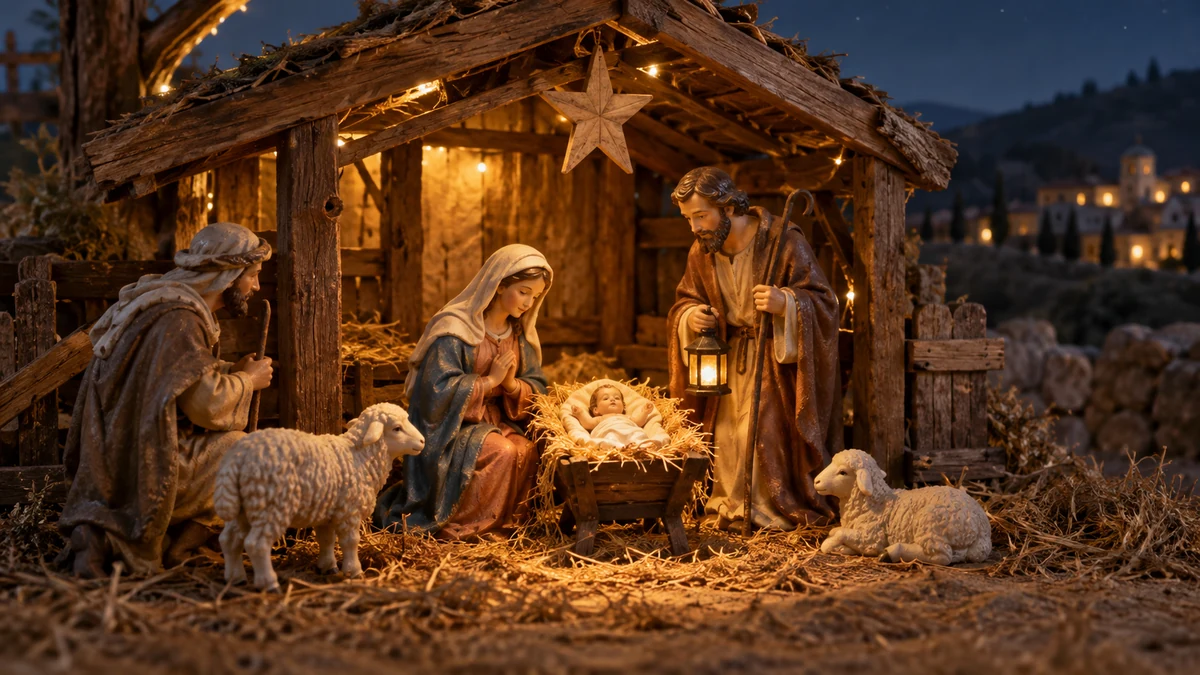 Traditional Nativity stable with Mary Joseph and baby Jesus