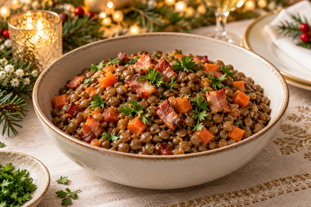 Traditional New Year's lentils served in a rustic bowl