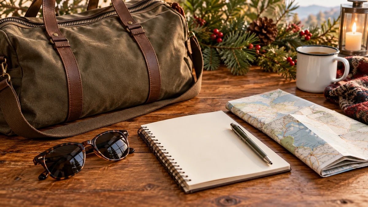Travel bag map and notebook for holiday planning