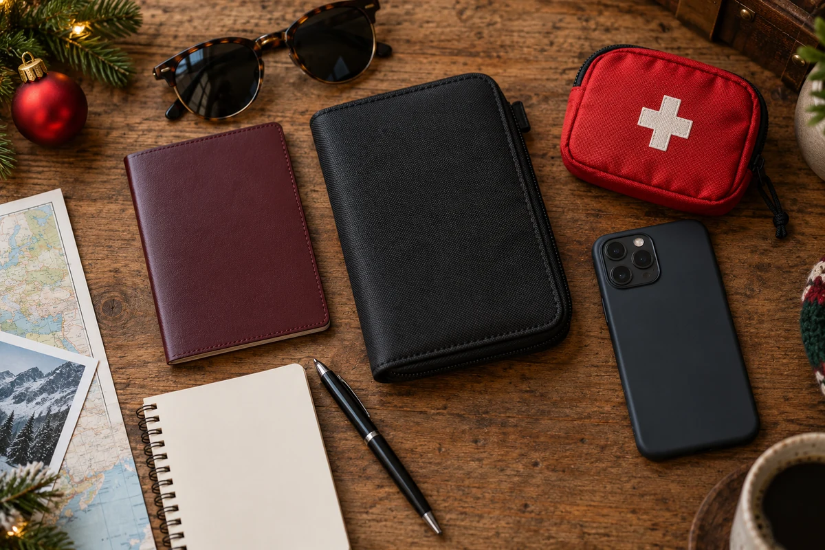 Travel documents and first-aid pouch arranged beside a notebook