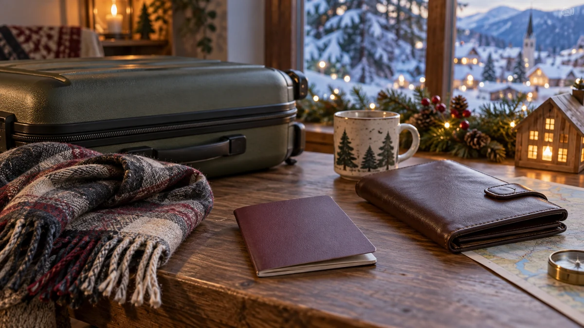 Travel documents and luggage prepared for a winter holiday